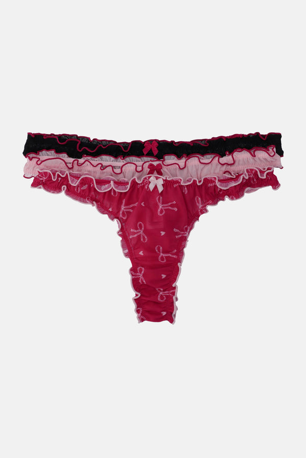 3 PACK BOW PRINT MESH FRILL THONG