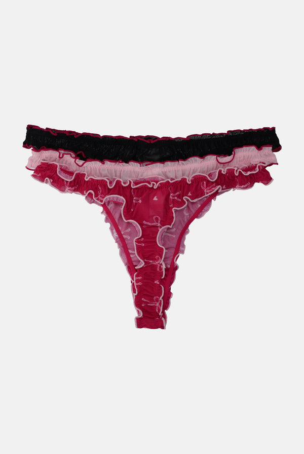 3 PACK BOW PRINT MESH FRILL THONG