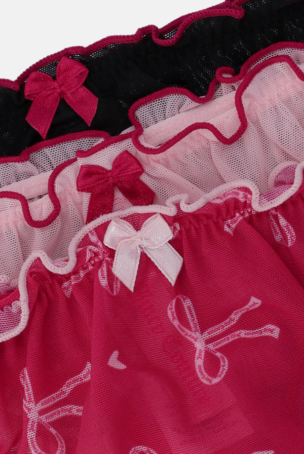 3 PACK BOW PRINT MESH FRILL THONG