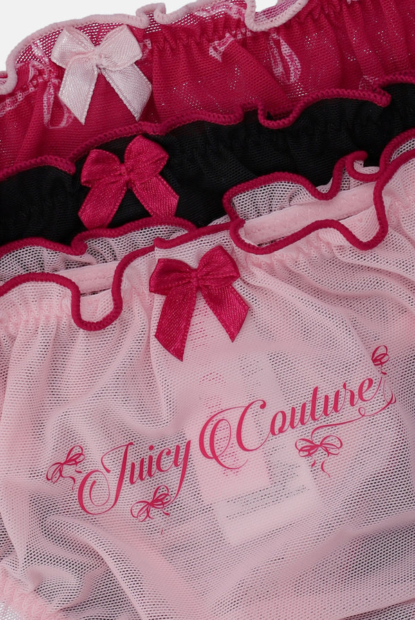 3 PACK BOW PRINT MESH FRILL THONG