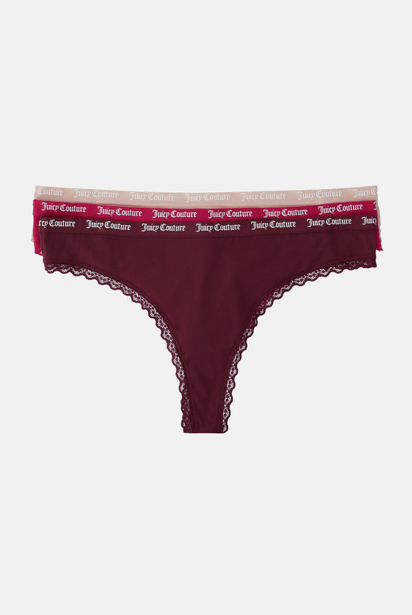 3 PACK RIBBED MICROFIBRE LACE TRIM THONG