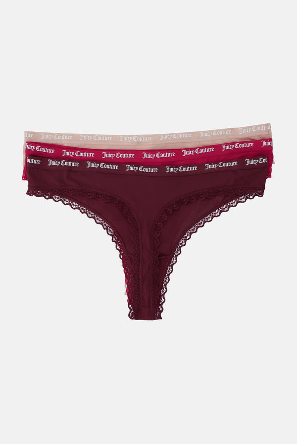 3 PACK RIBBED MICROFIBRE LACE TRIM THONG