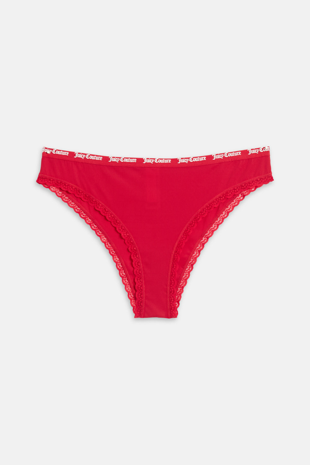 Displays the red 'juicy' branded Ribbed Microfibre Lace Trim Briefs included in the 3 pack 