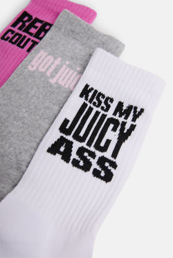 Displays the Multi 3 Pack 'Juicy' branded slogan socks