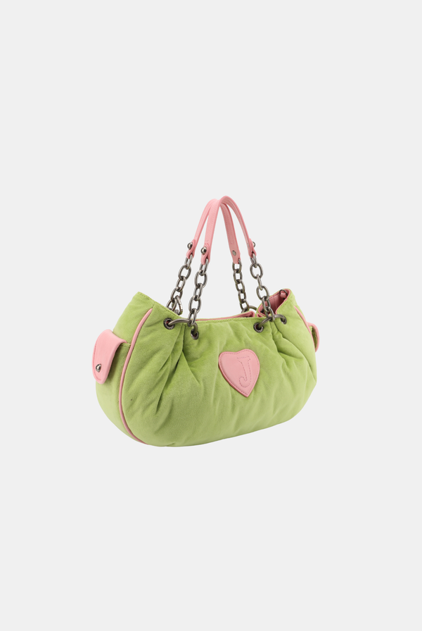 PISTACHIO GREEN CHAIN HANDLE DAYDREAMER CREST VELOUR BAG