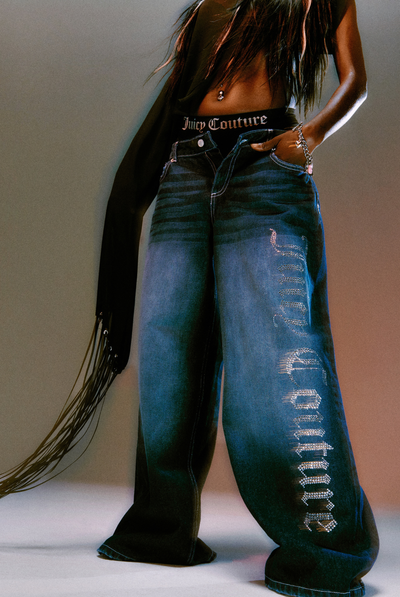 MID WASH DIAMANTE WIDE LEG JEANS