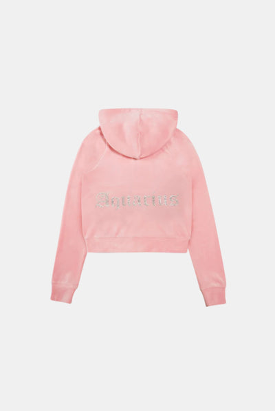 'AQUARIUS' JUICY PINK DIAMANTÉ VELOUR ZIP-THROUGH HOODIE