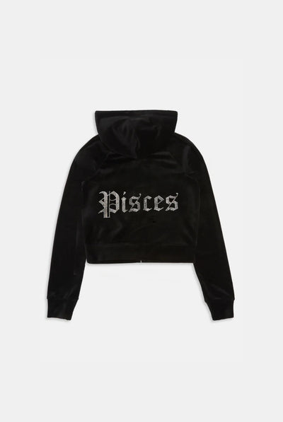 PISCES' BLACK DIAMANTÉ VELOUR ZIP-THROUGH HOODIE