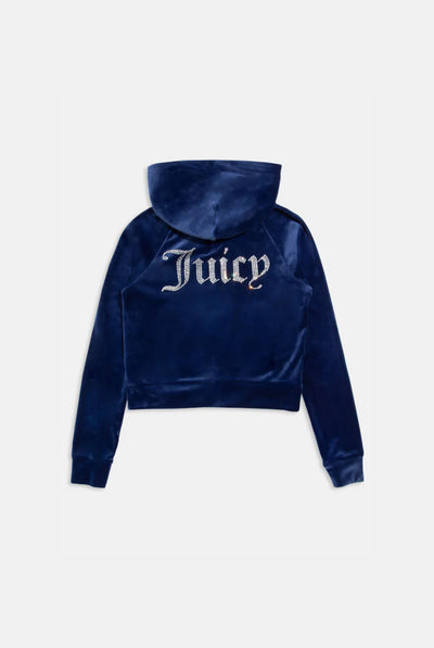 BLUE DEPTHS DIAMANTÉ VELOUR ZIP-THROUGH HOODIE