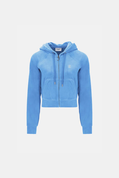 WASHED BLUE DENIM DIAMANTE VELOUR ZIP-THROUGH HOODIE