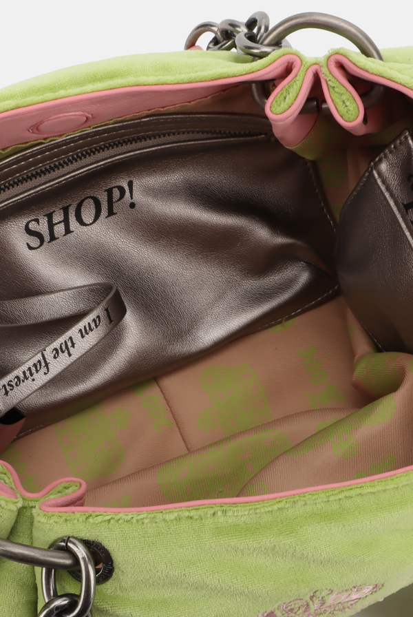 PISTACHIO GREEN CHAIN HANDLE DAYDREAMER CREST VELOUR BAG