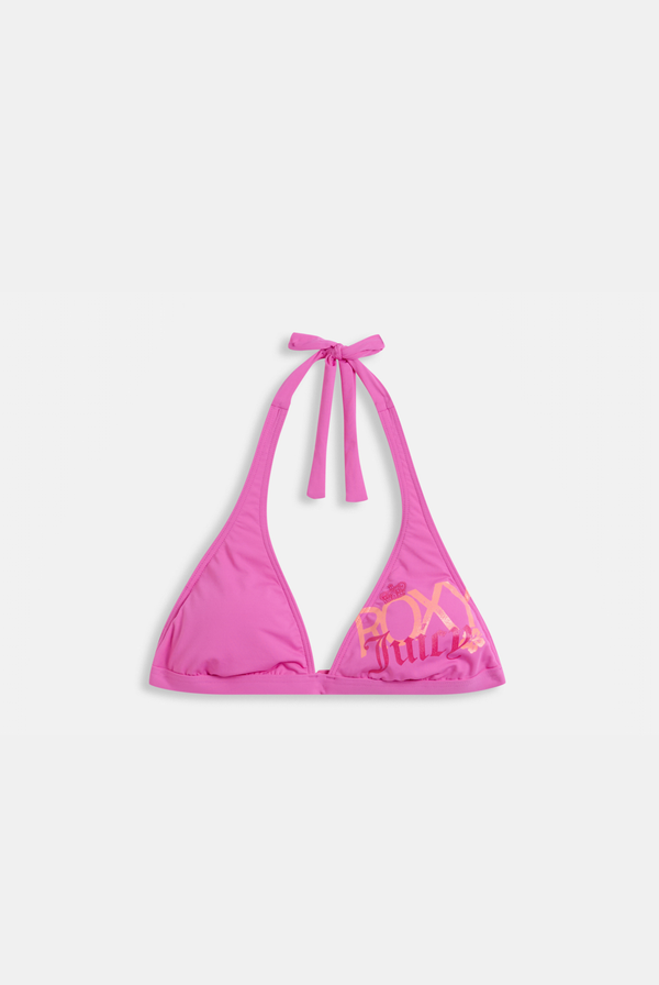 Displays the azalea pink Roxy and juicy Couture halter bikini top 