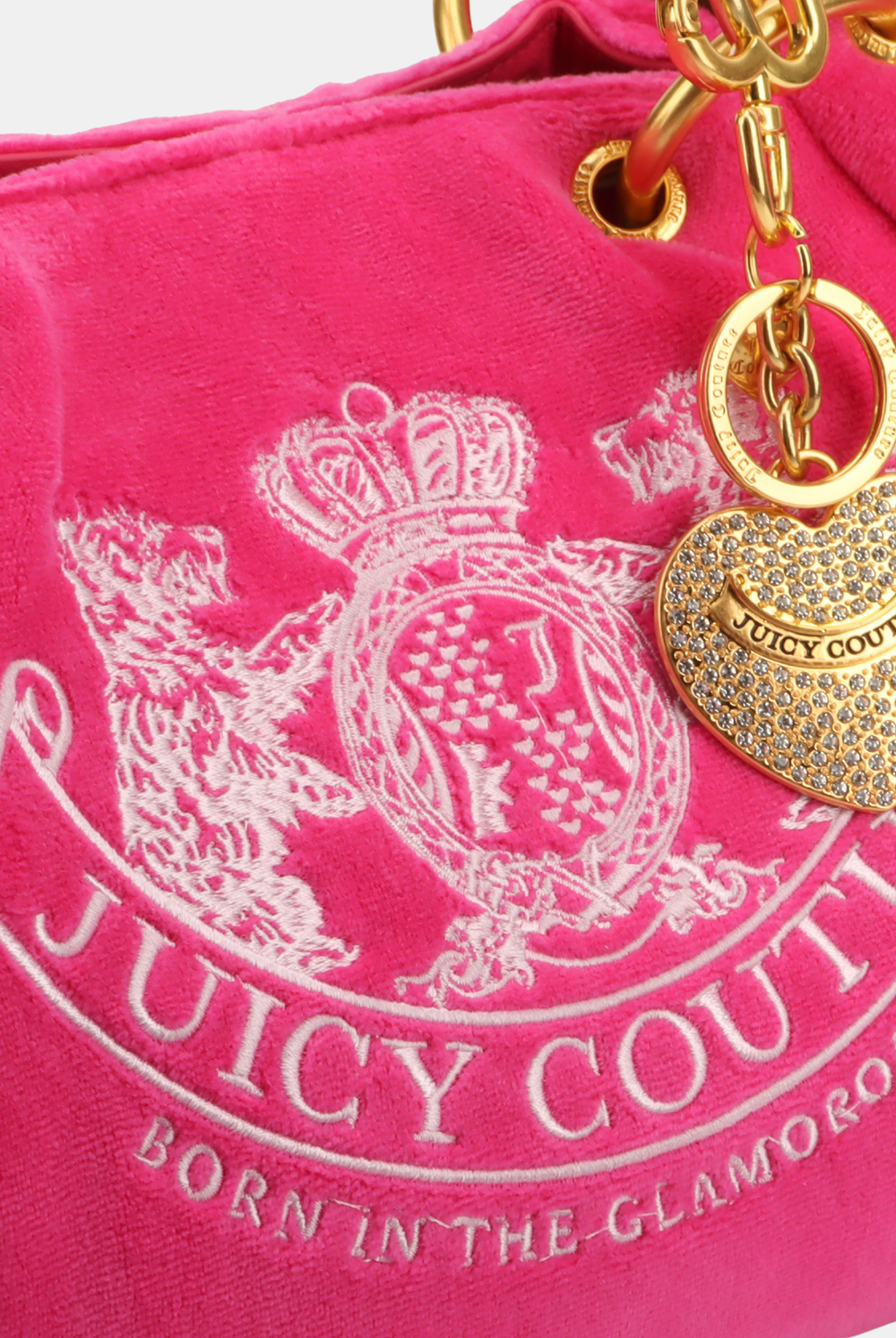 Displays the Pink Yarrow 'Juicy' Chain Handle DayDreamer Crest Velour Bag