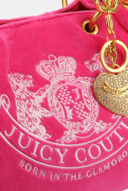 Displays the Pink Yarrow 'Juicy' Chain Handle DayDreamer Crest Velour Bag