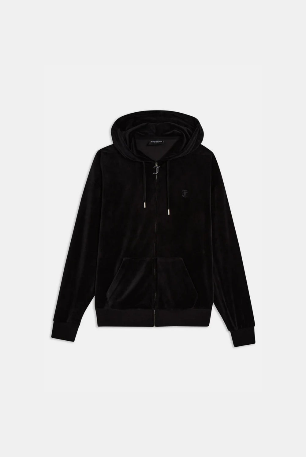 Displays the black classic 'Juicy' branded velour oversized hoodie