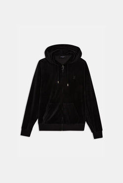 Displays the black classic 'Juicy' branded velour oversized hoodie