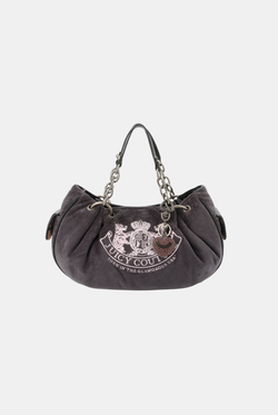 Displays the grey chain handle 'Juicy' branded daydreamer crest velour bag