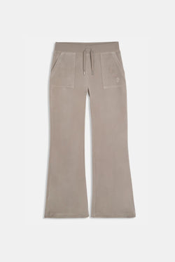 Displays the String 'Juicy' branded low rise flare pocket classic velour track pant 