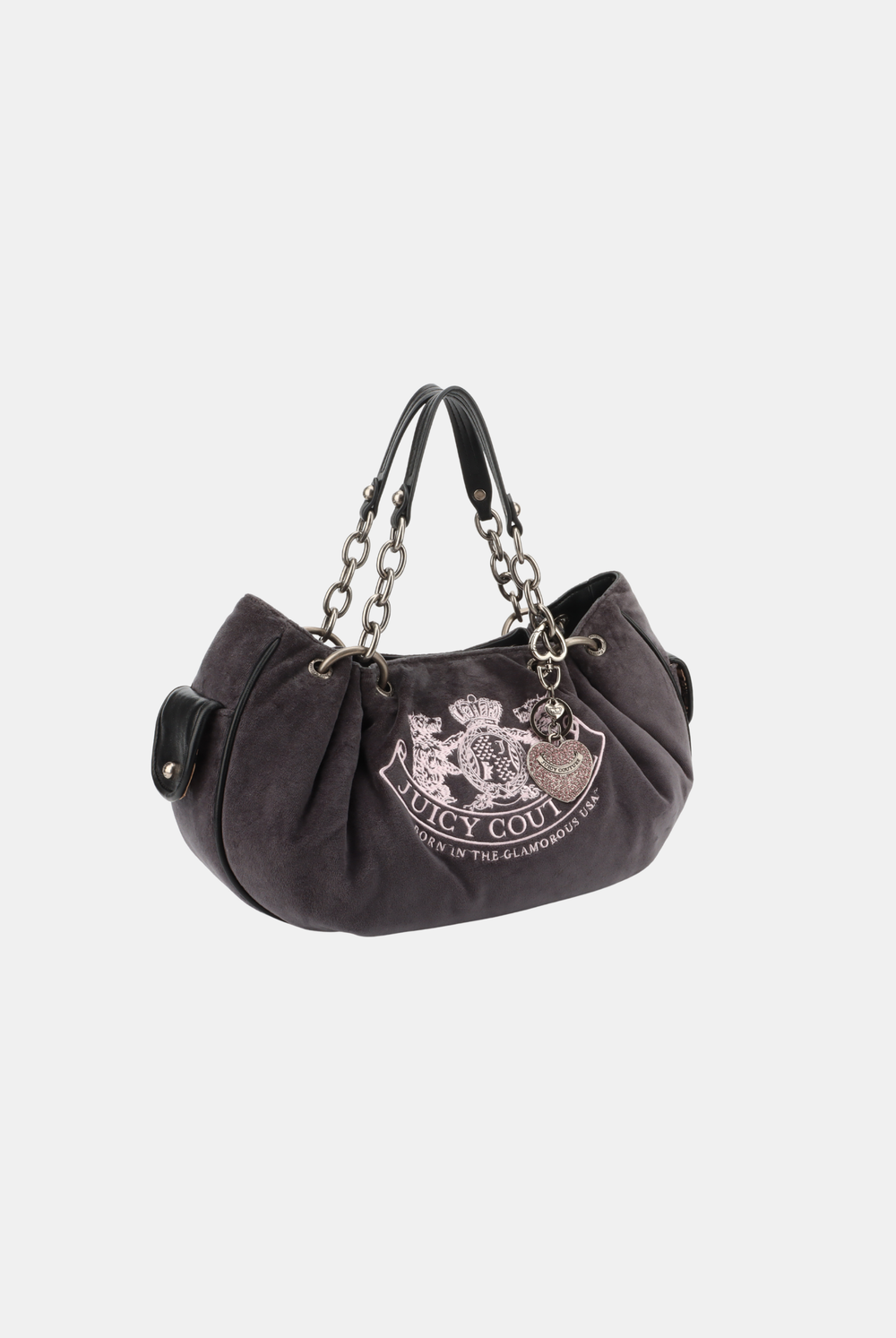 Displays the grey chain handle 'Juicy' branded daydreamer crest velour bag