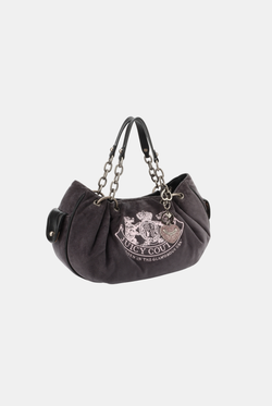 Displays the grey chain handle 'Juicy' branded daydreamer crest velour bag