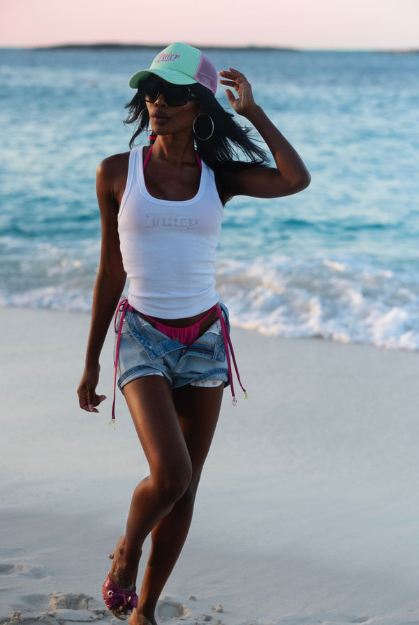 WHITE RIBBED DIAMANTÉ RACER VEST