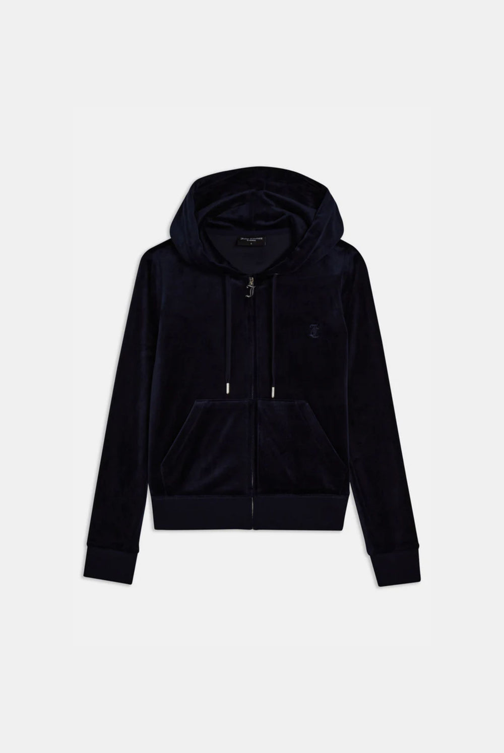 A night sky blue classic velour hoodie with a slim fit, kangaroo pockets, and a self-fabric lined hood. It features a gothic J zip pull and a logo at the chest.