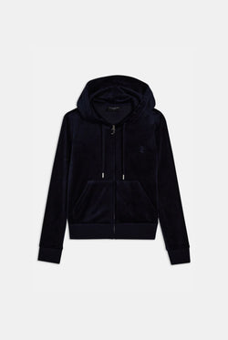 A night sky blue classic velour hoodie with a slim fit, kangaroo pockets, and a self-fabric lined hood. It features a gothic J zip pull and a logo at the chest.
