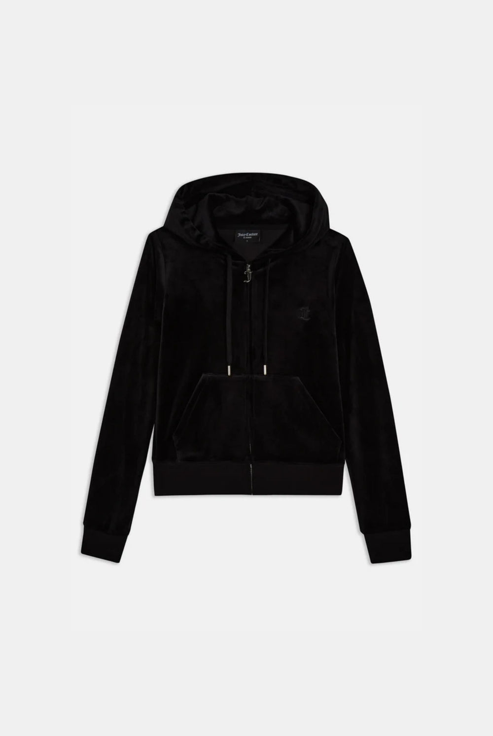 A black classic velour hoodie with a hood, kangaroo pockets, and a gothic J zip pull.
