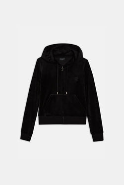A black classic velour hoodie with a hood, kangaroo pockets, and a gothic J zip pull.