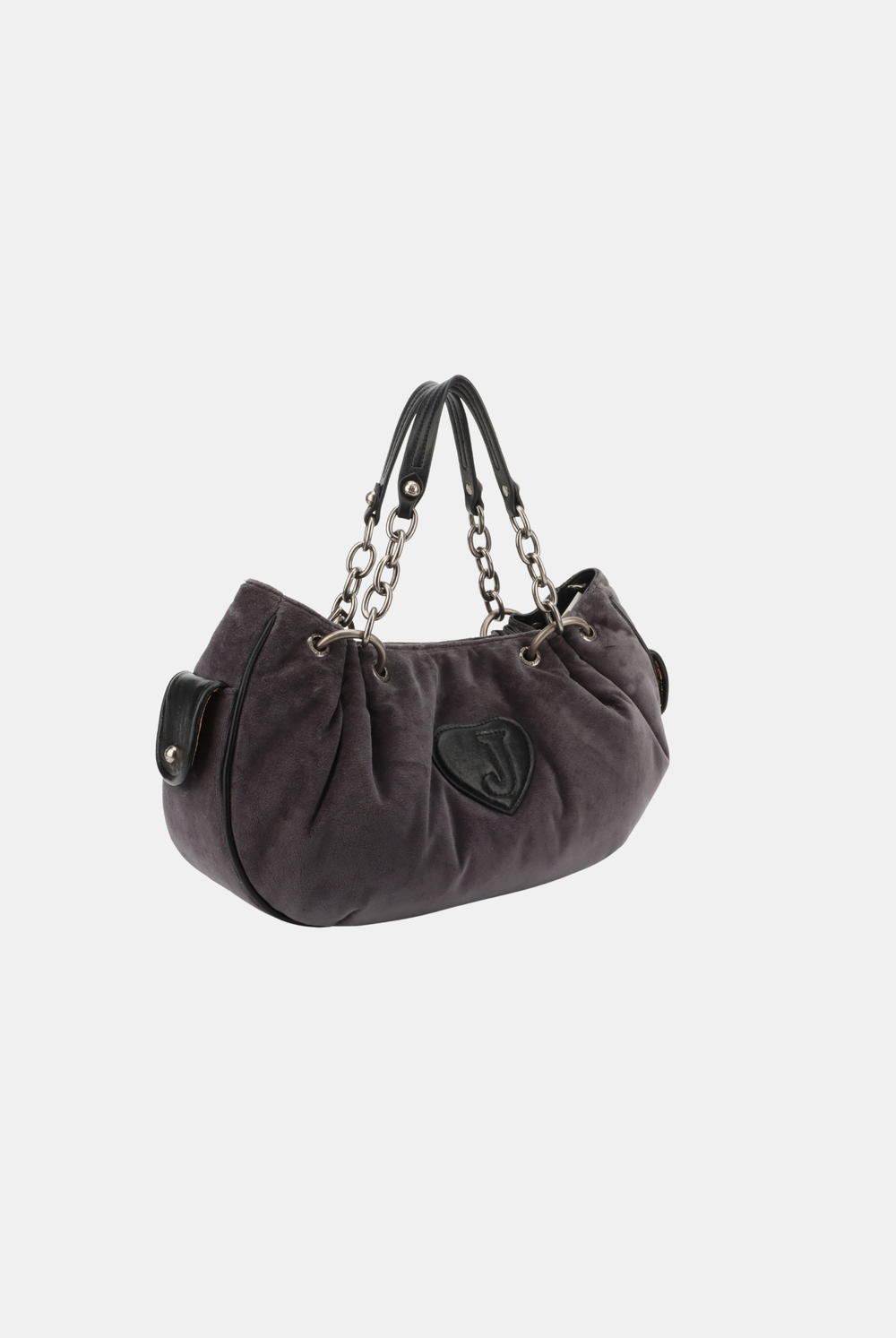 Displays the grey chain handle 'Juicy' branded daydreamer crest velour bag