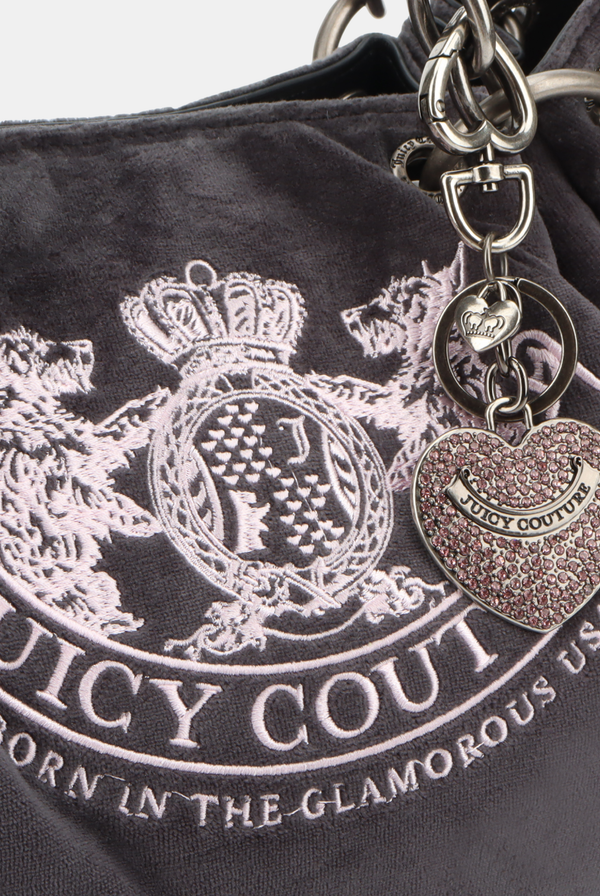 GREY CHAIN HANDLE DAYDREAMER CREST VELOUR BAG