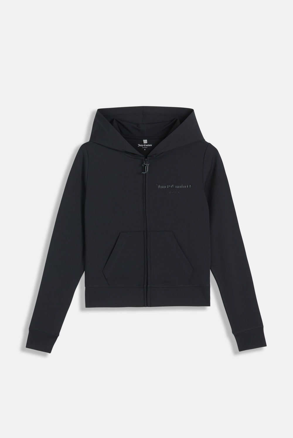 Displays the black peached 'Juicy' branded active fitted hoodie 