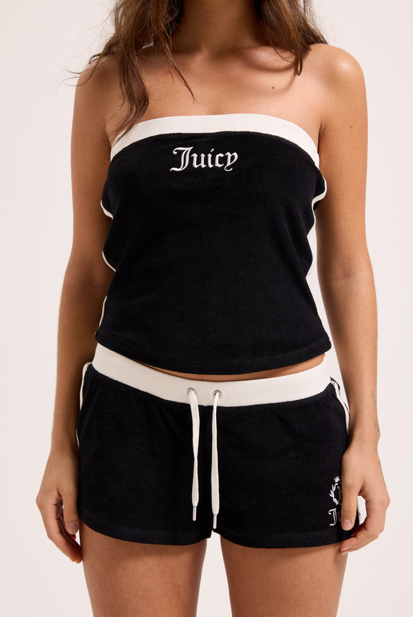 BLACK APPLIQUE TERRY BOOTY SHORTS