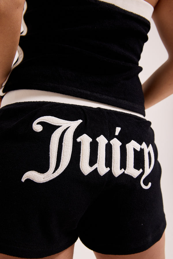 BLACK APPLIQUE TERRY BOOTY SHORTS