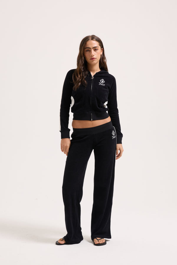 BLACK APPLIQUE TERRY ULTRA LOW STRAIGHT TRACK PANTS