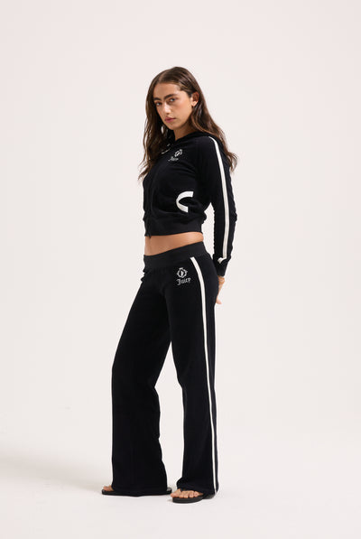 BLACK APPLIQUE TERRY ULTRA LOW STRAIGHT TRACK PANTS