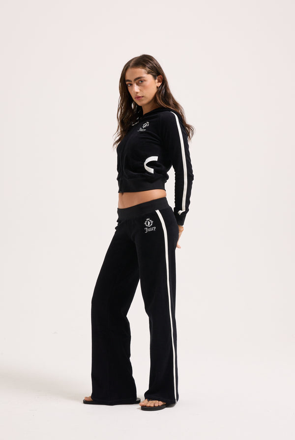 BLACK APPLIQUE TERRY ULTRA LOW STRAIGHT TRACK PANTS
