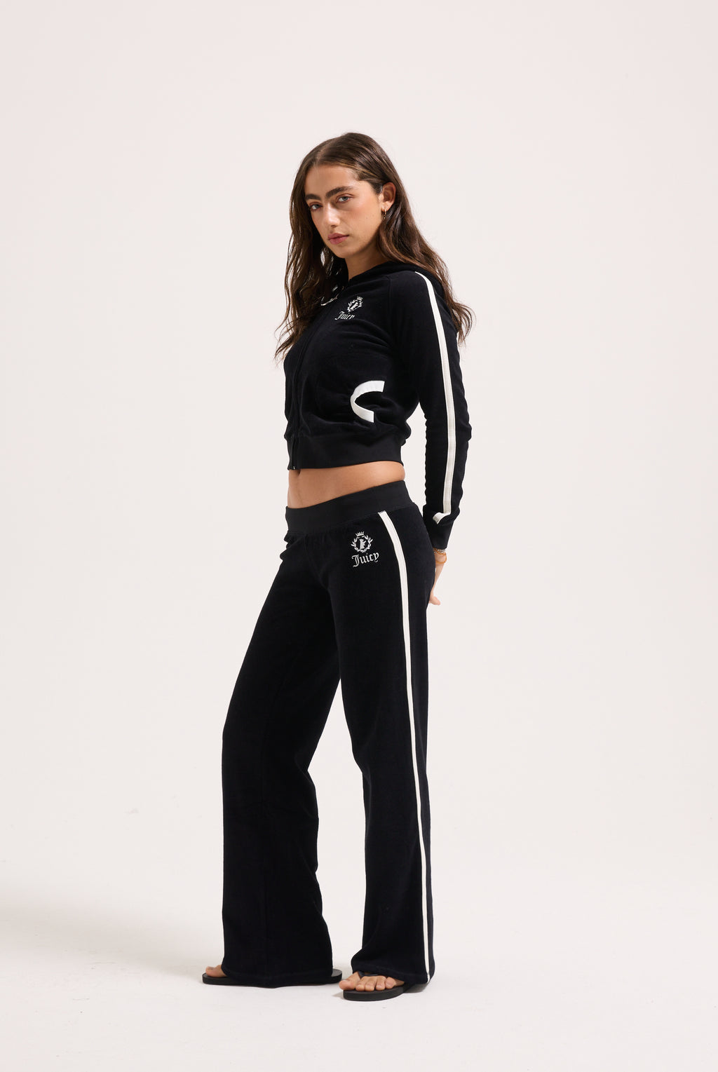 BLACK APPLIQUE TERRY ULTRA LOW STRAIGHT TRACK PANTS