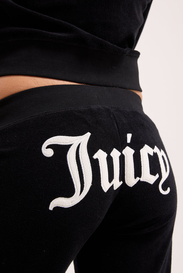 BLACK APPLIQUE TERRY ULTRA LOW STRAIGHT TRACK PANTS