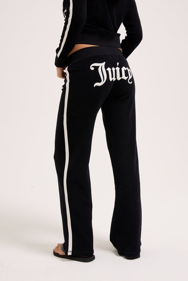 BLACK APPLIQUE TERRY ULTRA LOW STRAIGHT TRACK PANTS