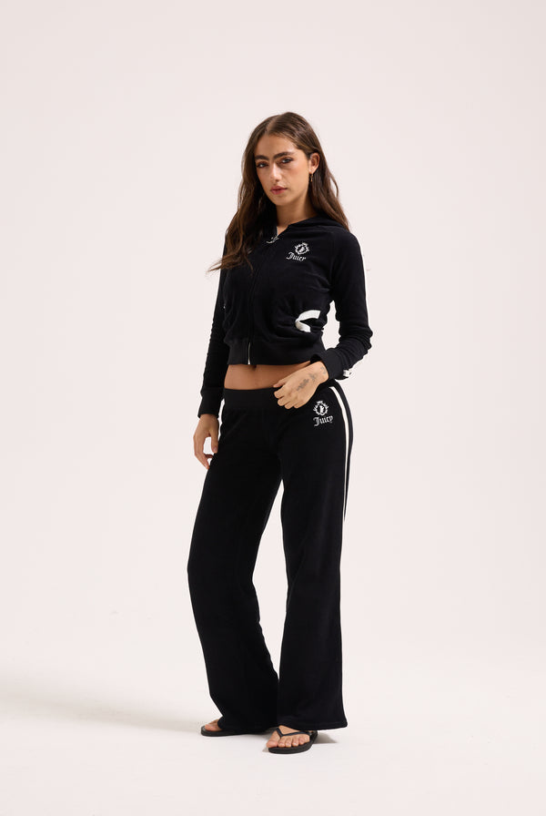 BLACK APPLIQUE TERRY ULTRA LOW STRAIGHT TRACK PANTS