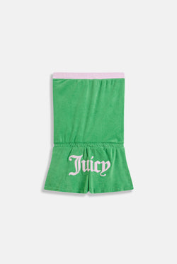 Displays the Peppermint Appliqué 'Juicy' branded Terry towelling romper 