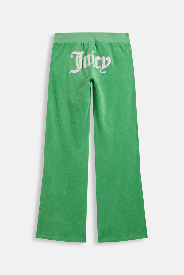 Displays the peppermint appliqué 'Juicy' branded Terry ultra low track pants 