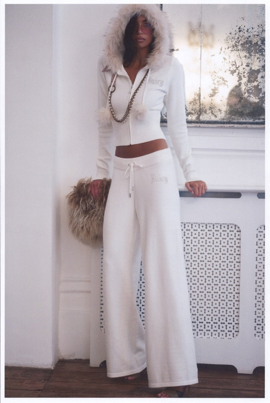 Displays a model wearing the Cream 'Juicy' branded Knit Diamanté Trackpant