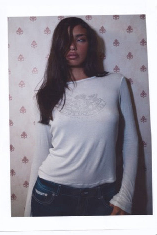 White Diamanté Dog Crest Long Sleeve T-Shirt