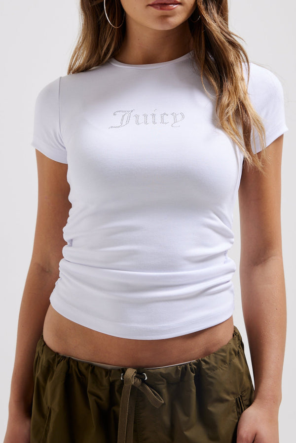 WHITE JERSEY DIAMANTÉ RUCHED TEE