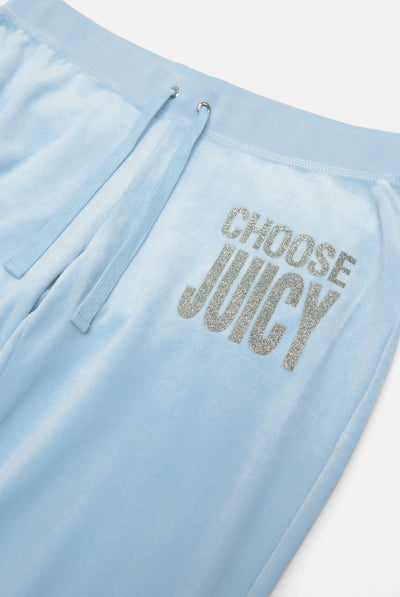 POWDER BLUE CHOOSE JUICY ULTRA LOW RISE BAMBOO VELOUR HERITAGE BOTTOMS