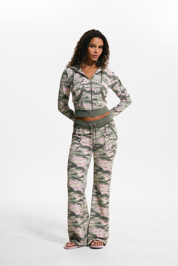 Pink Camo Print Washed Cotton Low Rise Track Bottoms