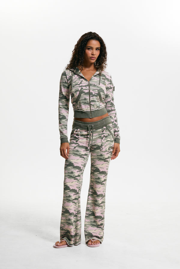 Pink Camo Print Washed Cotton Low Rise Track Bottoms