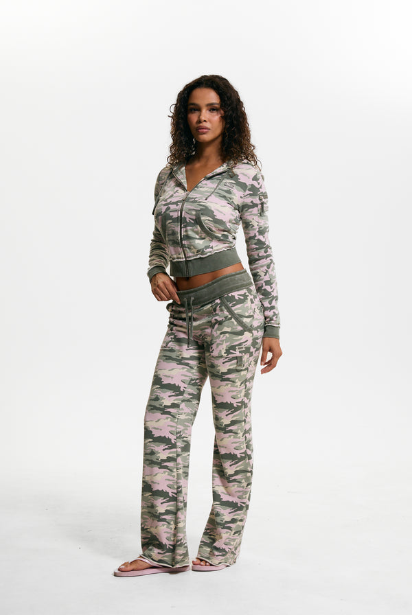 Pink Camo Print Washed Cotton Low Rise Track Bottoms